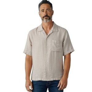 Caribbean Mens Shirt Sz L Natural Linen Cuban Short Sleeve Beach Tropical Resort